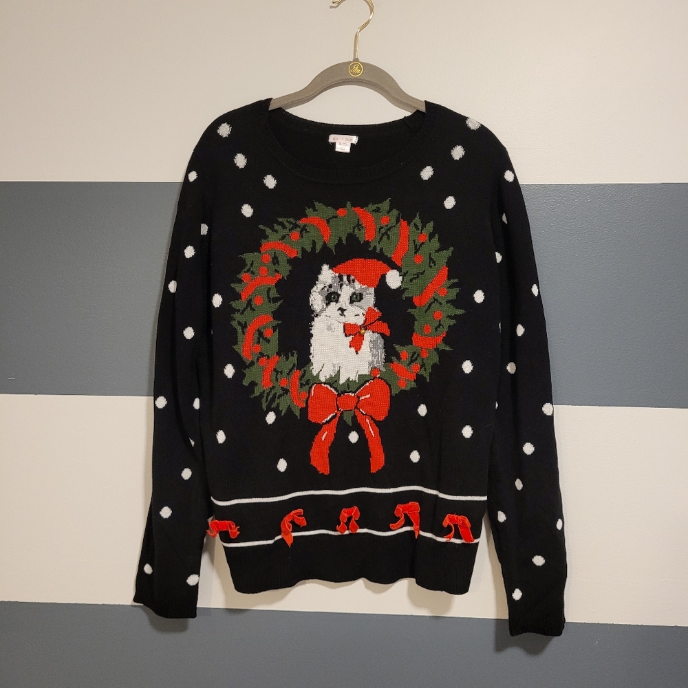 Xhilaration Christmas Cat Wreath and Bows Sweater Size XL